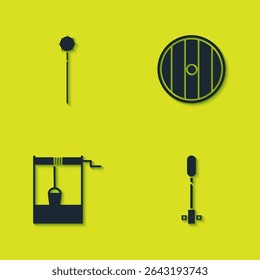 Set Medieval chained mace ball, Torch flame, Well with bucket and Round wooden shield icon. Vector