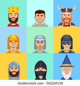 Set of medieval characters emoticons. Avatars of king, knight, viking, paladin, warrior, soldier, thief and wizard. Simple style vector illustration