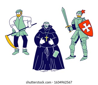 Set of Medieval Characters Peasant, Fat Monk, Knight Wearing Armor and Sword Brave Warrior Crusader Isolated on White Background. Historical Fairy Tale Actors. Cartoon Vector Illustration Line Art