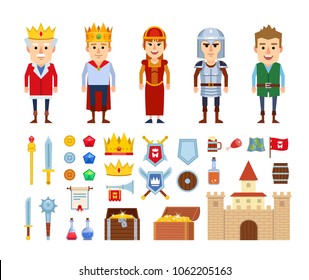 Conjunto de personajes medievales y varios elementos de diseño. Íconos de rey, caballero, joven príncipe, campesino, castillo, cofre del tesoro y otros elementos de fantasía. Ilustración vectorial de diseño plano
