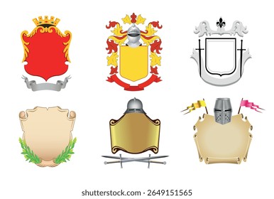 Conjunto de brasões medievais isolados sobre fundo branco. Ilustração de arte vetorial