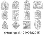Set of Medieval colorful stained glass window. Colored gothic mosaic decoration for interior. Vector illustration. Vikings, knights, princess, rose, dragon