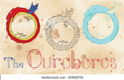 Set with medieval creature the Ouroboros in various styles on grunge paper background, vintage illustration