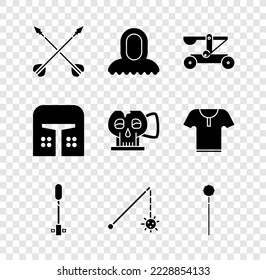 Set Medieval crossed arrows, hood, Catapult shooting stones, Torch flame, chained mace ball, iron helmet and Cup from the skull icon. Vector