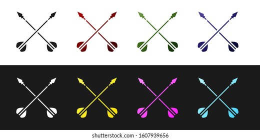 Set Medieval crossed arrows icon isolated on black and white background. Medieval weapon.  Vector Illustration
