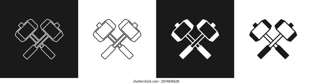 Establecer el ícono de martillos de batalla cruzados medievales aislados en fondo blanco y negro.  Vector
