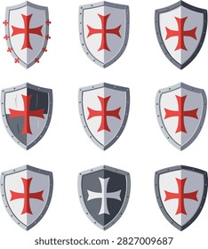 Set of medieval crusader knight shields with red crosses on white background