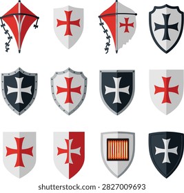 Set of medieval crusader shields with templar crosses isolated on white background