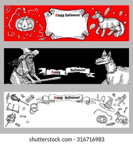 Set of medieval engraving style Halloween banners. Ink line illustration with animals, objects and characters for Halloween.