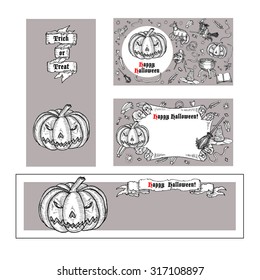 Set of medieval engraving style Halloween banners and invitations. Ink line illustration with animals, objects and characters for Halloween.