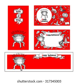 Set of medieval engraving style Halloween banners and invitations. Ink line illustration with animals, objects and characters for Halloween.