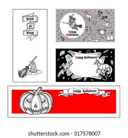 Set of medieval engraving style Halloween banners and invitations. Ink line illustration with animals, objects and characters for Halloween.