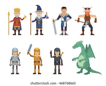 Set Of Medieval Fantasy Characters. King, Wizard, Magician, Knight, Soldier, Viking, Dragon, Crusader, Sorcerer, Paladin. Simple Style Vector Illustration