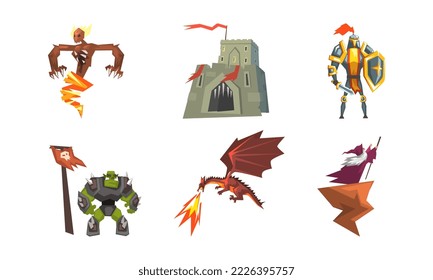 Set of medieval fantasy characters. Knight, fire breathing dragon, wizard, ogre cartoon vector illustration