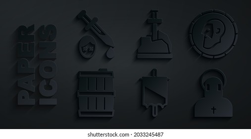 Set Medieval flag, Ancient coin, Wooden barrel, Monk, Sword the stone and with blood icon. Vector