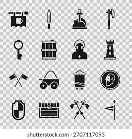 Set Mittelalterliche Flagge, Antike Münze, Burgturm, Schwert der Stein, Holzfass, Alte Schlüssel, Straßenschild mit Bar und Mönch Ikone. Vektorgrafik