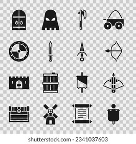 Setzen Sie die mittelalterliche Fahne, Gefechtsbogen mit Pfeil und, Axt, Schwert, Rundhölzernschild, Schlosstor und Dagger Ikone. Vektorgrafik