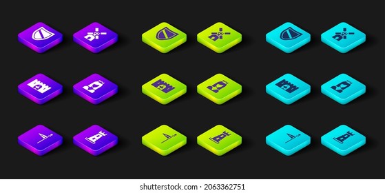 Set Medieval flag, Castle tower, castle gate, Princess, Windmill and Shield icon. Vector