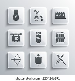 Set Medieval flag, Crossed medieval sword, Wooden barrel, Quiver with arrows, bow and, Street signboard Bar, Old money bag and King crown icon. Vector