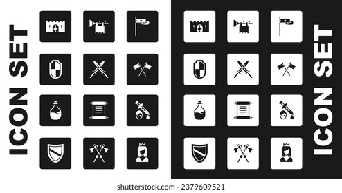 Bandera medieval, espada medieval cruzada, escudo, portón de castillo, trompeta con, sangre de espadas y icono de botella de vino antiguo. Vector