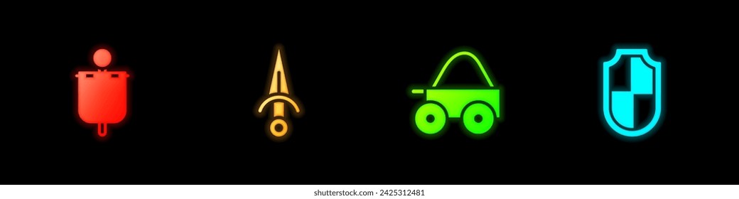 Set Medieval flag, Dagger, Wooden four-wheel cart and Shield icon. Vector