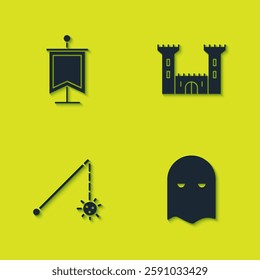 Set Medieval flag, Executioner mask, chained mace ball and Castle icon. Vector