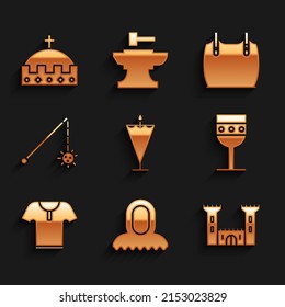 Set Medieval flag, hood, Castle, goblet, Body armor, chained mace ball,  and King crown icon. Vector