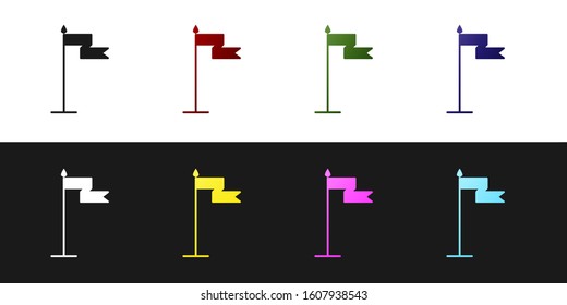 Set Medieval flag icon isolated on black and white background. Country, state, or territory ruled by a king or queen.  Vector Illustration