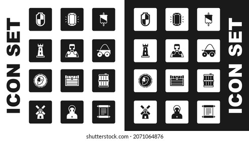 Set Medieval flag, knight, Castle tower, Shield, Wooden four-wheel cart, Diamond, barrel and Ancient coin icon. Vector