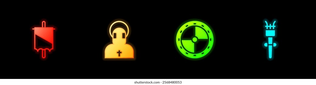 Set Medieval flag, Monk, Round wooden shield and Torch flame icon. Vector