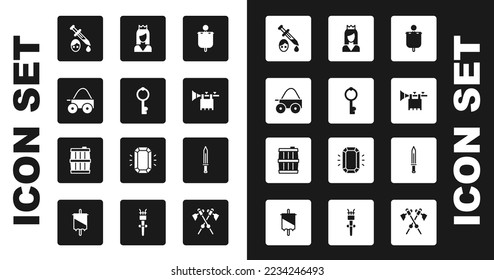 Die mittelalterliche Fahne setzen, Alter Schlüssel, Vierradkarren aus Holz, Schwert mit Blut, Trompete, Prinzessin, Schwert und Fass Symbol. Vektorgrafik