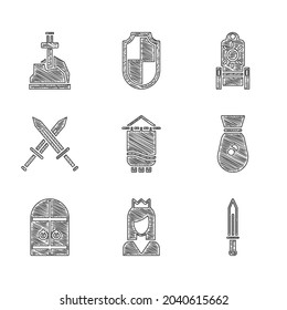 Set Medieval flag, Princess, sword, Old money bag, castle gate, Crossed medieval, throne and Sword the stone icon. Vector
