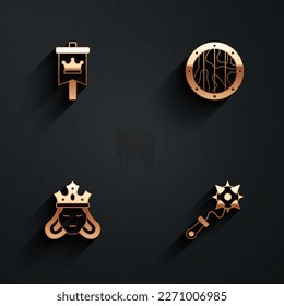 Bandera medieval, escudo redondo de madera, princesa o reina y mace con icono de picos con sombra larga. Vector