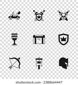 Set Medieval flag, Shield with crown, helmet, Antique treasure chest, Skull sword, catapult, swords and goblet icon. Vector
