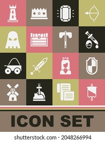 Set Medieval flag, Shield, Sword with blood, Diamond, Antique treasure chest, Executioner mask, Castle tower and axe icon. Vector