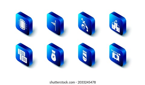 Set Medieval flag, Sword with blood, Castle, fortress, Street signboard Bar, Quiver arrows, Old money bag, Decree, parchment, scroll and Diamond icon. Vector