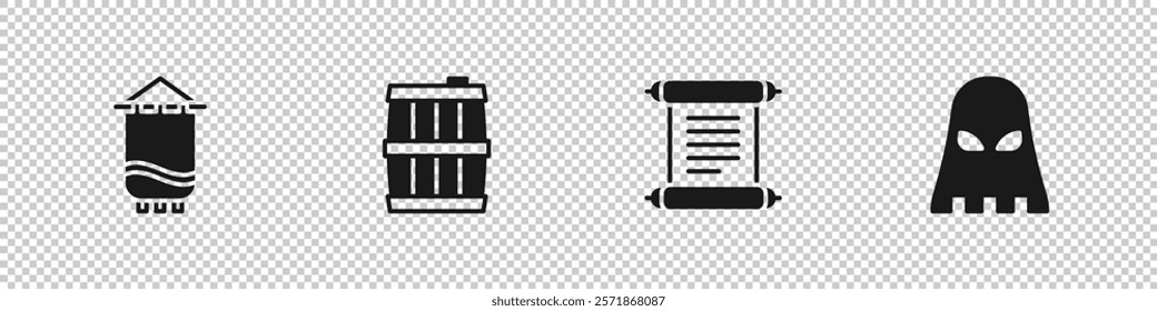 Set Medieval flag, Wooden barrel, Decree, parchment, scroll and Executioner mask icon. Vector