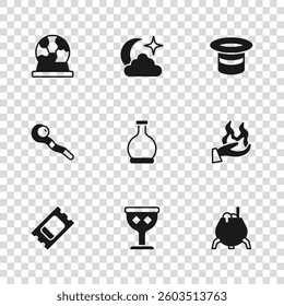 Set Medieval goblet, Hand holding fire, Witch cauldron, Bottle with potion, Magic hat, ball, Moon stars and staff icon. Vector