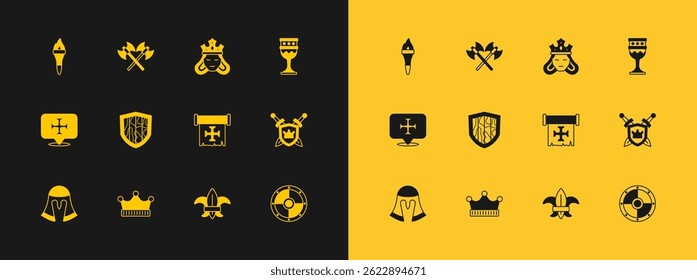 Set Medieval goblet, King crown, Crusade, Fleur lys or lily flower, Shield, Princess queen, Torch flame and Crossed medieval axes icon. Vector