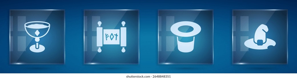 Set Medieval goblet, Magic scroll, hat and Witch. Square glass panels. Vector
