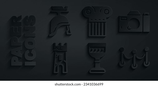 Set Medieval goblet, Photo camera, Castle tower, Rope barrier, Ancient column and Roman army helmet icon. Vector