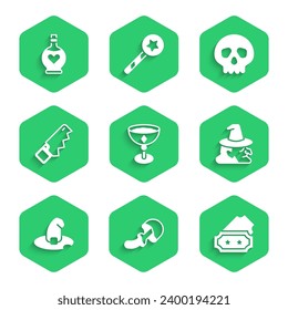 Set Medieval goblet, Psilocybin mushroom, Ticket, Witch, hat, Hand saw, Skull and Bottle with love potion icon. Vector