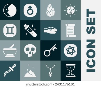 Set Medieval goblet, Tarot cards, Decree, parchment, scroll, Magic stone, Bottle with potion, Gemini zodiac, Moon and Snake icon. Vector