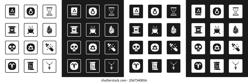 Set Medieval goblet, Witch cauldron, Ancient magic scroll, book, Magic stone, Mars, Bottle with potion and Skull icon. Vector
