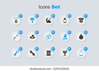 Set Medieval goblet, Witch hat, Psilocybin mushroom, Old magic key, Bottle with potion, Medallion chain eye and Handcuffs icon. Vector