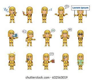 Set of medieval golden knight characters showing diverse actions, emotions. Funny knight holding map, beer mug, banner, dazed, tired, sleeping and doing other actions. Simple vector illustration
