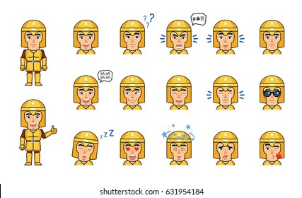 Set of medieval golden knight emoticons. Knight avatars showing various facial expressions. Happy, sad, cry, laugh, surprised, angry, in love and other emotions. Simple vector illustration