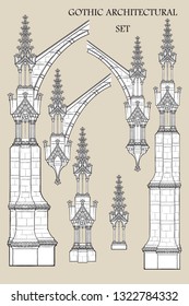 Set of the medieval gothic architectural elements. Flying buttresses, ornate towers. EPS10 vector illustration