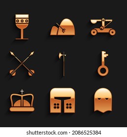 Set Medieval halberd, iron helmet, Executioner mask, Old key, King crown, crossed arrows, Catapult shooting stones and goblet icon. Vector