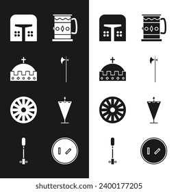 Set Medieval halberd, King crown, iron helmet, Wooden mug, Old wooden wheel, flag, Round shield and Torch flame icon. Vector